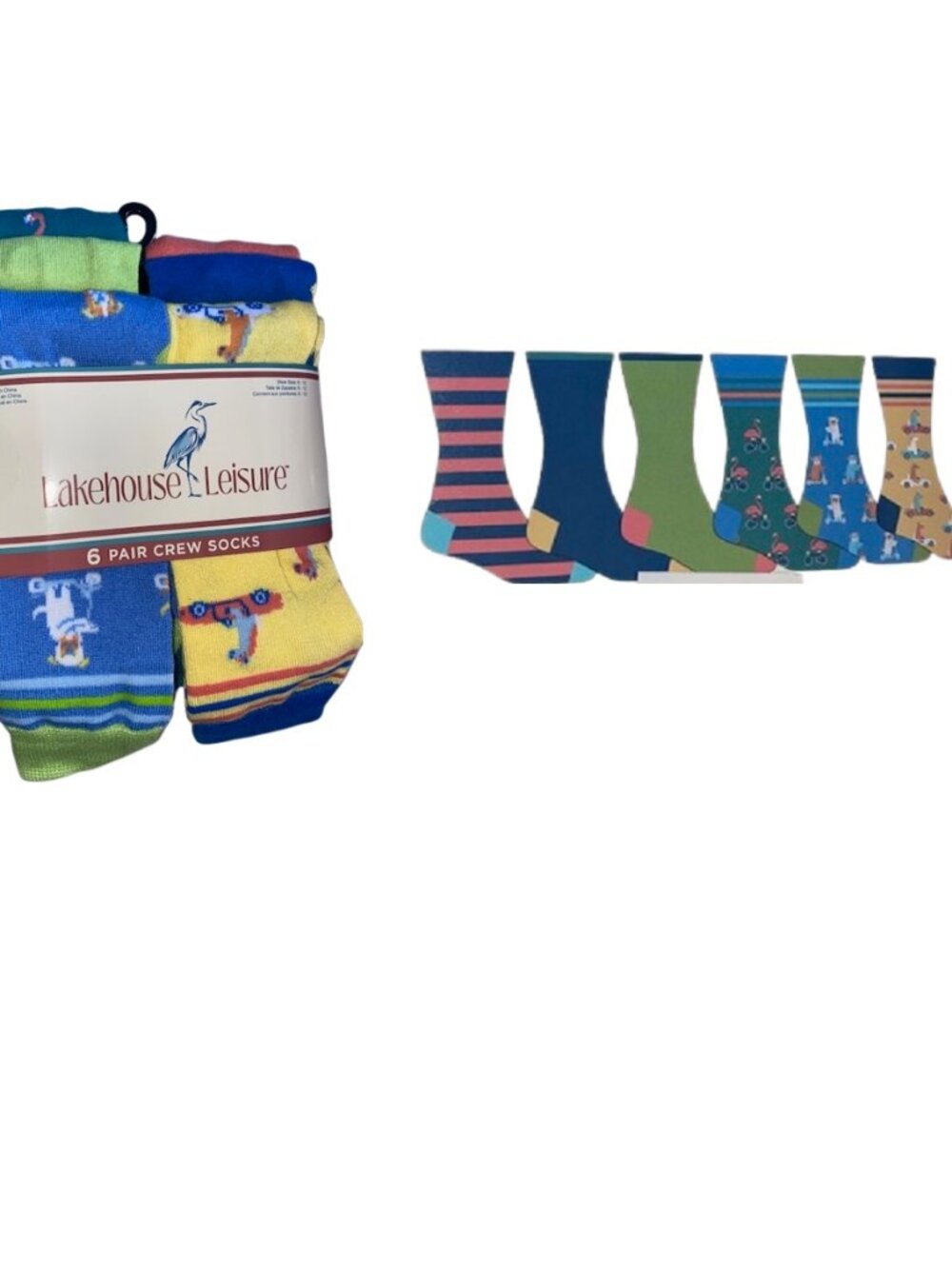 Lakehouse Leisure Six Pair Men's Novelty Crew Socks, Flamingos, Dogs, Llamas